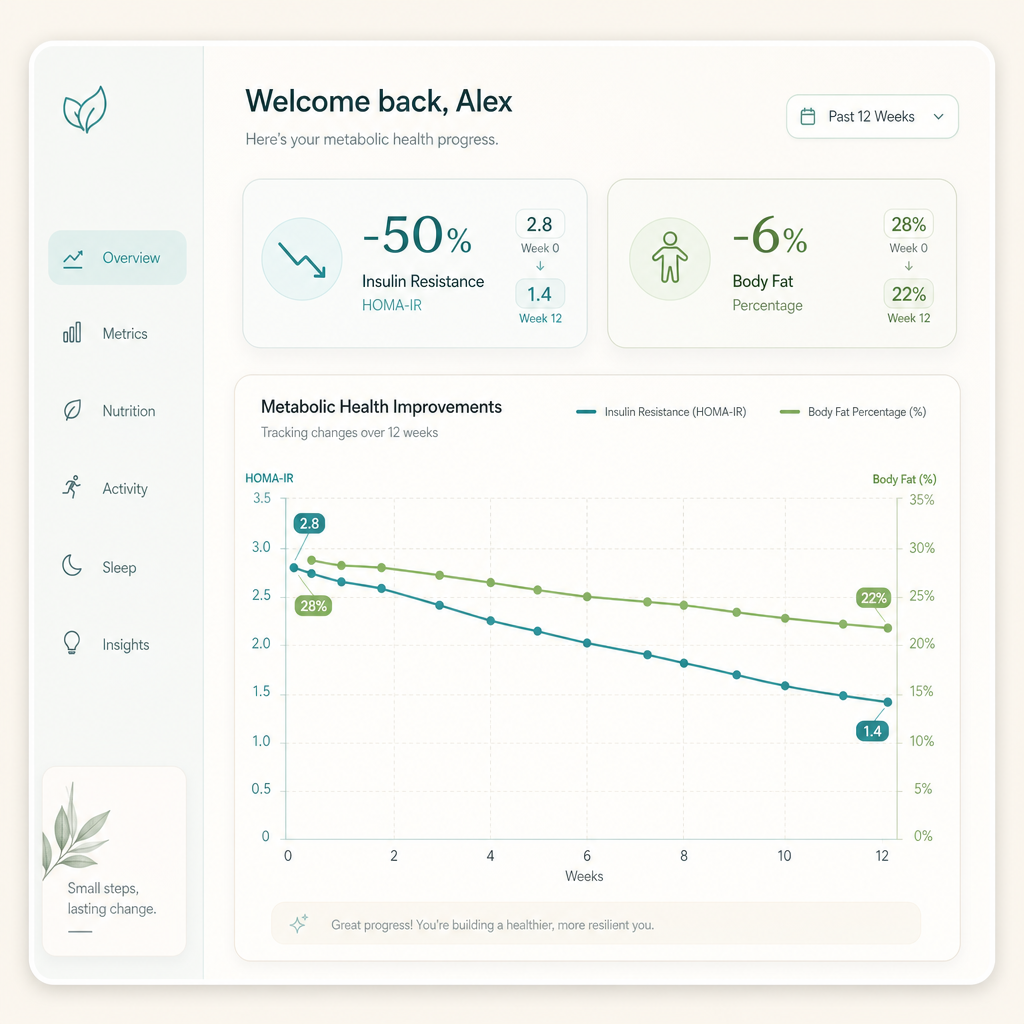 Dashboard showing metabolic health improvements: insulin resistance and body fat trending down over 12 weeks